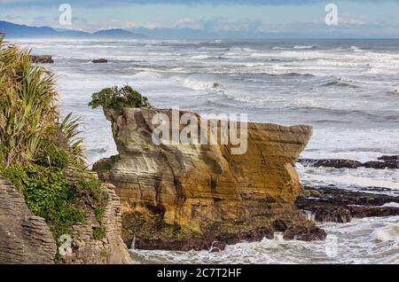 Punakaki Pancake Rocks nel Parco Nazionale di Paparoa, Costa Ovest, Isola del Sud, Nuova Zelanda . Splendidi paesaggi naturali Foto Stock