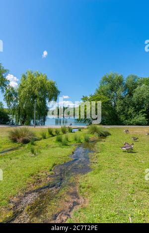 Max-Eyth-See o Lago Max Eyth, Distretto Città di Mühlhausen, Città di Stoccarda, Baden-Württemberg, Germania del Sud, Europa Centrale Foto Stock