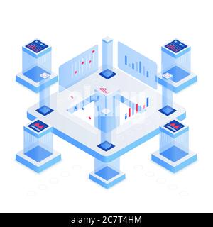 Illustrazione vettoriale isometrica della piattaforma di analisi dei dati. Networking e comunicazione. Memorizzazione delle informazioni. Workstation e data center futuristici. Elemento di progettazione concettuale cartoon con tecnologia Blockchain Illustrazione Vettoriale