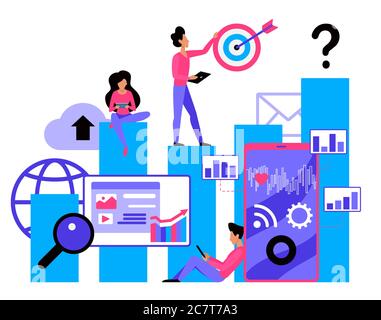 Illustrazione vettoriale piatta SMM. Servizio di marketing sui social media. Pianificazione strategica. Società di e-marketing. Campagna promozionale. Visualizzazione del processo pubblicitario. Dipendenti dell'agenzia cartoni animati Illustrazione Vettoriale