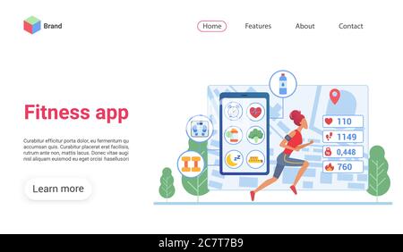 Modello vettore della pagina di destinazione dell'app fitness. Esecuzione di tracking sito web idea di interfaccia con illustrazioni piatte. Layout della home page dell'applicazione sportiva. Banner Web controllo salute, concetto di cartoon pagina web Illustrazione Vettoriale