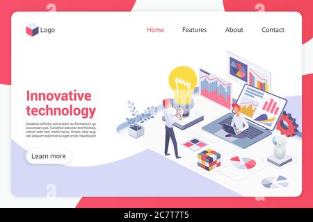 Modello vettoriale di landing page isometrica con tecnologia innovativa. Programmatori maschi caratteri senza volto. Programmazione, sviluppo software, tecnologia rivoluzionaria banner web layout di progettazione homepage Illustrazione Vettoriale