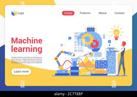 Modello vettore della pagina di destinazione per l'apprendimento automatico. Idea di interfaccia di sito web di formazione di intelligenza artificiale con illustrazioni piatte. Layout della home page di Informatica. Banner Web di ingegneria, concetto di cartoon di pagina web Illustrazione Vettoriale