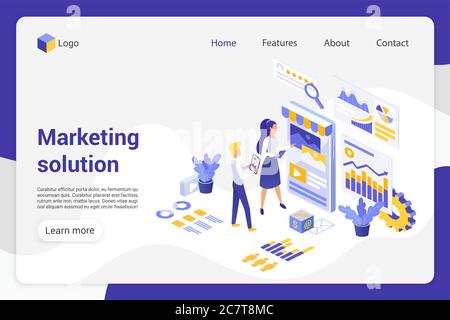 Modello vettore della pagina di destinazione isometrica della soluzione di marketing. Reparto di analisi, uomo d'affari e uomo d'affari senza volto. Promozione prodotto, analisi di mercato web banner home layout di progettazione Illustrazione Vettoriale