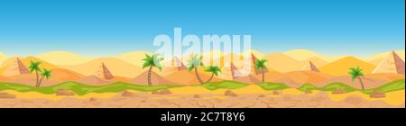 Deserto egiziano Vista panoramica cartoon illustrazione vettoriale paesaggio, banner. Ampio panorama sabbia sfondo deserto, tempo caldo, dune di sabbia, piramidi, palme stile gioco Illustrazione Vettoriale