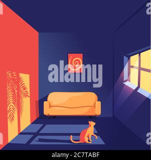 Illustrazione 3D di un gatto in una stanza che si apre alla finestra. Illustrazione piatta all'interno di un appartamento Illustrazione Vettoriale