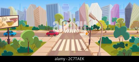 Incrocio e paesaggio urbano al concetto di illustrazione vettoriale di un grande cartoon moderno della città. Le auto colorate passano per strada tra le piazze del giardino, i semafori si trovano lungo la strada, ai grattacieli sullo sfondo. Illustrazione Vettoriale
