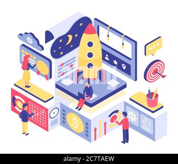 Avviare l'illustrazione vettoriale isometrica. Sviluppo aziendale. Lavoro di squadra su un nuovo progetto aziendale. Azienda di partenza. Cryptoccurency, blockchain. Elemento di progettazione concettuale del cartone animato per l'imprenditorialità Illustrazione Vettoriale