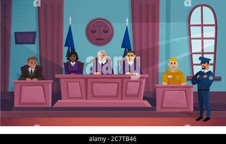 Illustrazione vettoriale della giustizia della Corte di diritto. Interno della stanza di tribunale pianeggiante di Cartoon con giudice, avvocato e personaggi criminali seduti sul tribunale pubblico di procedimenti di criminalità sullo sfondo del tribunale Illustrazione Vettoriale