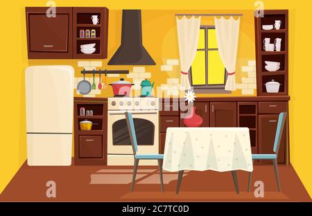 Tradizionale classico cucina in legno interno piatto cartoon stile gioco illustrazione vettoriale. Spazio luminoso e soleggiato, finestra con belle tende, mobili compatti, elettrodomestici. Illustrazione Vettoriale