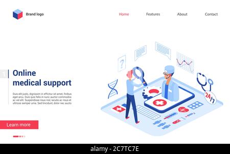 Illustrazione vettoriale isometrica della medicina online. Design del sito web dell'interfaccia 3d di Cartoon per servizi telemedicina moderni a distanza, chiamata online paziente a medico per la diagnosi, concetto di consultazione medica Illustrazione Vettoriale