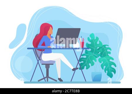 Giovane donna che lavora a casa computer flat vettore illustrazione concetto. Freelance ragazza lavora a tavola con monitor. Lavoro, soggiorno a casa. Programmatore di design femmina Illustrazione Vettoriale