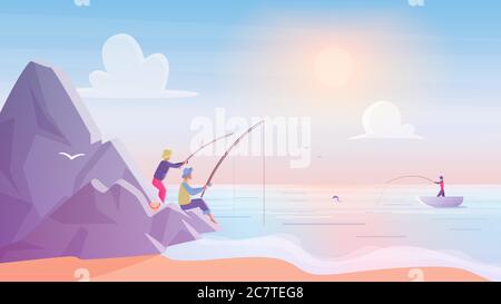 Pescatori su rocce vicino al mare o spiaggia del lago. Pesca sport, attività ricreative all'aperto estate, hobby vacanza, alba tempo libero illustrazione vettore tempo Illustrazione Vettoriale