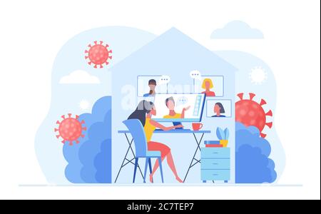 Lavorare a casa durante la quarantena COVID-19 virus per prevenire un'infezione virale. Persone che lavorano online, videoconferenza e chat a casa. Illustrazione vettoriale del concetto di distanza sociale Illustrazione Vettoriale