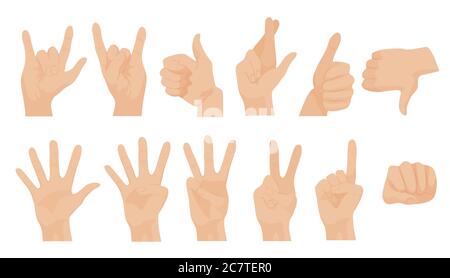 Movimenti realistici delle mani umane vettoriali in posizioni diverse. Rappresentazione delle mani, comunicazione interattiva, visualizzazione e puntamento Illustrazione Vettoriale
