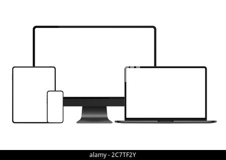 Nuova versione di metallo nero scuro moderno mockup dispositivi elettronici premium. Computer, laptop, tablet PAD e smartphone immagine vettoriale realistica di alta qualità Illustrazione Vettoriale