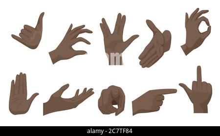 Vector Flat Style Set di vari gesti neri afroamericani delle mani umane. Segni ed emozioni differenti, rappresentazione delle mani, comunicazione interattiva Illustrazione Vettoriale