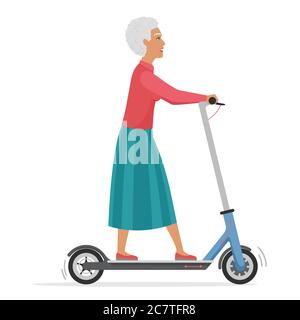 Vecchia donna attiva su scooter elettrico piatto illustrazione vettoriale. Lady pensionato cartone animato carattere che guida eco friendly veicolo città. Nonna che usa il trasporto urbano personale Illustrazione Vettoriale