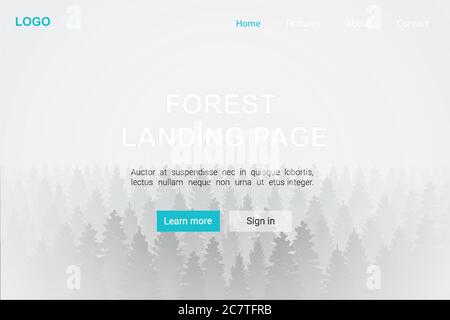 Landing page con foresta in nebbia sfondo realistico immagine vettoriale. Modello di paesaggio albero natura per la pubblicità sito, banner. Internet business connessi ambiente, viaggi, turismo Illustrazione Vettoriale