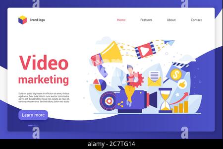 Campagna di video marketing sito web landing page flat cartoon vettore illustrazione. Social network media, creazione di contenuti, aumento della strategia di vendita, panoramica dei prodotti, banner Web vlog in streaming live. Illustrazione Vettoriale