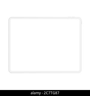 Nuova versione realistica di alta qualità di un tablet professionale con schermo bianco bianco e morbido. Tablet con mockup vettoriale realistico per la dimostrazione visiva dell'applicazione dell'interfaccia utente in orientamento orizzontale Illustrazione Vettoriale