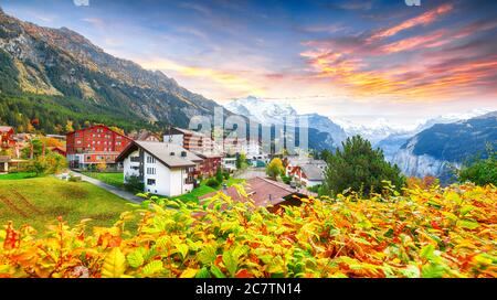 Splendida vista autunnale del pittoresco villaggio alpino di Wengen con il monte Jungfrau e la valle di Lauterbrunnen sullo sfondo. Ubicazione: Villaggio di Wengen, Ber Foto Stock