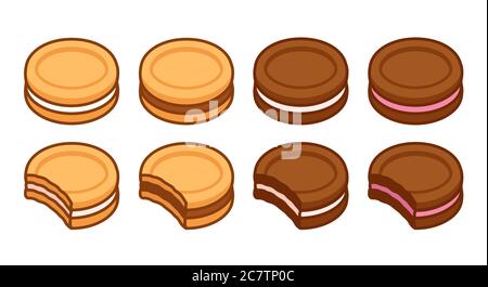 Set di biscotti sandwich, vaniglia e cioccolato, con ripieno diverso. Morso che mostra la sezione trasversale. Semplice illustrazione vettoriale cartoon. Illustrazione Vettoriale