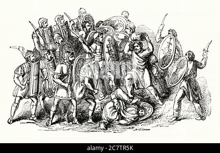 Una vecchia incisione che mostra una battaglia tra i soldati dell'Impero Romano e barbari, Europa durante il i secolo d.C. La guerra tra i Romani e varie tribù germaniche durò tra il 113 a.C. e il 596 d.C. La natura di queste guerre variò nel tempo tra conquista romana, rivolte germaniche e successive invasioni germaniche nell'Impero Romano che iniziò alla fine del secondo secolo a.C.. La parola 'barbaroa' è diventata comunemente usata per riferirsi a qualcuno percepito come non civilizzato o primitivo. Foto Stock