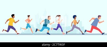 Vettore di giovani uomini e donne che corrono maratona jogging su una strada cittadina. Illustrazione Vettoriale