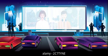 Cinema per auto. Cinema all'aperto in città. Illustrazione vettoriale. Ampio schermo luminoso con scena filmato. Auto parcheggiate. Illustrazione Vettoriale
