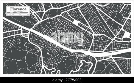 Mappa della città di Firenze in bianco e nero in stile retro. Mappa di contorno. Illustrazione vettoriale. Illustrazione Vettoriale