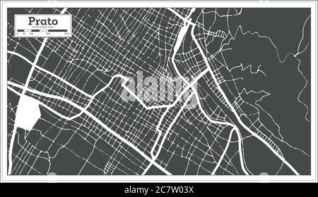 Mappa della città di Prato in bianco e nero in stile retro. Mappa di contorno. Illustrazione vettoriale. Illustrazione Vettoriale