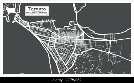 Taranto Mappa della città in bianco e nero in stile retro. Mappa di contorno. Illustrazione vettoriale. Illustrazione Vettoriale