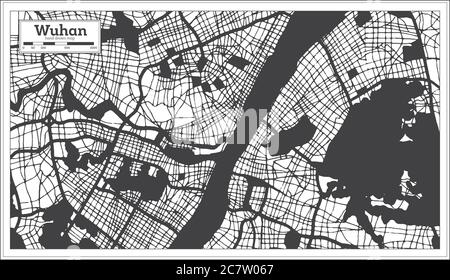 Mappa della città di Wuhan in bianco e nero in stile retro. Mappa di contorno. Illustrazione vettoriale. Illustrazione Vettoriale