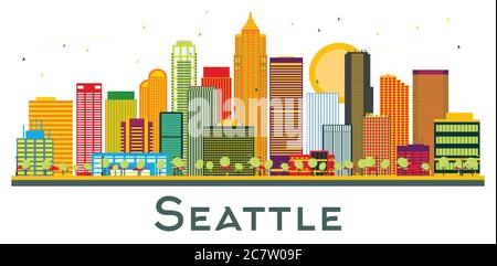 Skyline di Seattle, Washington City, con edifici a colori isolati in bianco. Illustrazione vettoriale. Illustrazione Vettoriale