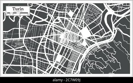 Mappa della città di Torino in bianco e nero in stile retro. Mappa di contorno. Illustrazione vettoriale. Illustrazione Vettoriale