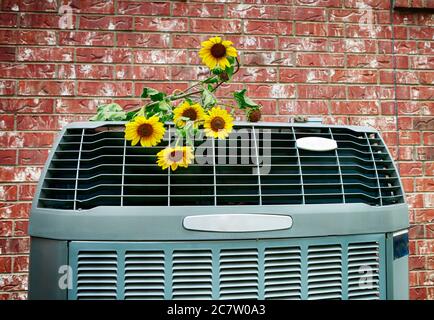 Primo piano di aria condizionata moderna ad alta efficienza con fiori gialli selvatici. Immagini HD brillanti. Foto Stock