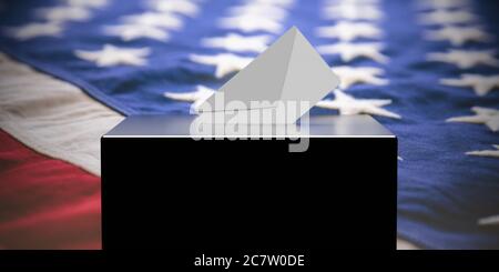 Elezioni USA. Busta bianca in una fessura nera del contenitore del voto contro lo sfondo sfocato della bandiera degli Stati Uniti. illustrazione 3d Foto Stock