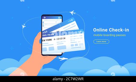 Carta d'imbarco mobile per il check-in online e gli aerei che volano intorno nelle nuvole Illustrazione Vettoriale