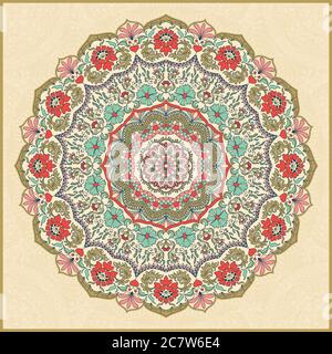 Motivo floreale colorato e senza cuciture disegnato a mano con mandala. Ornamento circolare in colori retrò. Modello orientale tradizionale, illustrazione vettoriale. Illustrazione Vettoriale