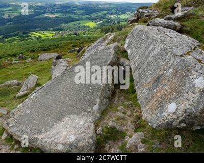 Dieci pietre di comandamenti, Buckland Beacon, Dartmoor, Devon, Regno Unito Foto Stock