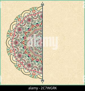 Invito a nozze o biglietto di auguri con colorato mandala floreale luogo per il tuo testo. Elementi decorativi vintage. Illustrazione vettoriale. Illustrazione Vettoriale