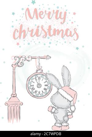 Lepre carino sotto l'orologio. Carta anno nuovo. Natale. Illustrazione vettoriale. Lettere. Illustrazione Vettoriale