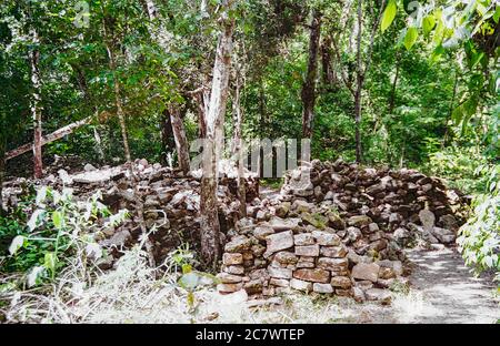 Un sentiero si snoda attraverso le macerie di un'antica struttura. Rovine Maya di Becan. Campeche, Messico. Immagine di film vintage - circa 1990. Foto Stock