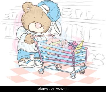 Carino orsacchiotto con un carrello di regali. Bear fa un acquisto. Orsacchiotto in un supermercato. Illustrazione vettoriale. Illustrazione Vettoriale