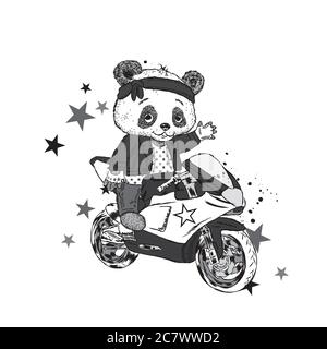 Carino panda su una moto. Panda - motociclista. Orso divertente. Illustrazione vettoriale per una scheda o un poster. Stampa su abiti. Illustrazione Vettoriale