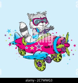 Carino procione sta volando su un aereo. Illustrazione vettoriale per una scheda o un poster, stampa su abiti. Animale di charme. Illustrazione Vettoriale