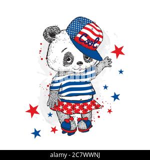 Carino Panda su pattini a rotelle. Bella ragazza in una gonna. Illustrazione vettoriale per una scheda o un poster. Stampa su abiti. Infanzia. Moda e stile. Illustrazione Vettoriale