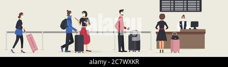 Le persone si trovano in coda o in coda al banco del check-in per il check-in per il volo in aeroporto. Uomini e donne con bagaglio in attesa della partenza dell'aereo Illustrazione Vettoriale