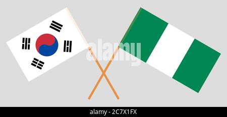 Bandiere incrociate della Nigeria e della Corea del Sud. Colori ufficiali. Proporzione corretta. Illustrazione vettoriale Illustrazione Vettoriale